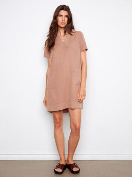 Charlie B Collared V-Neck Tencel Dress - Desert