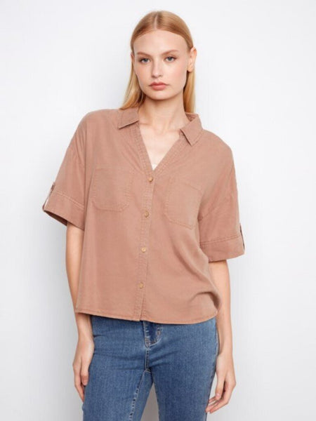 Charlie B Short Sleeve Button-Front Tencel Shirt - Desert