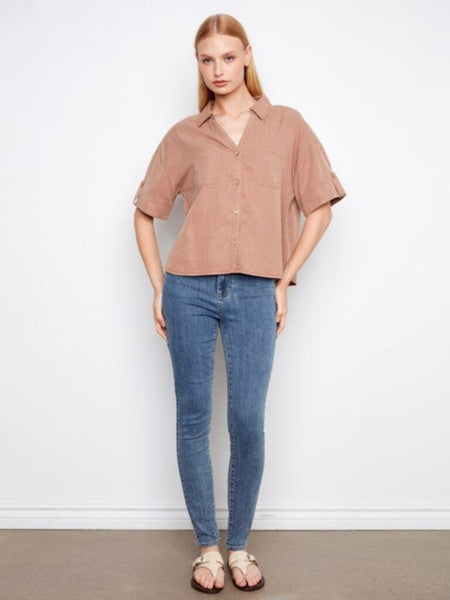 Charlie B Short Sleeve Button-Front Tencel Shirt - Desert