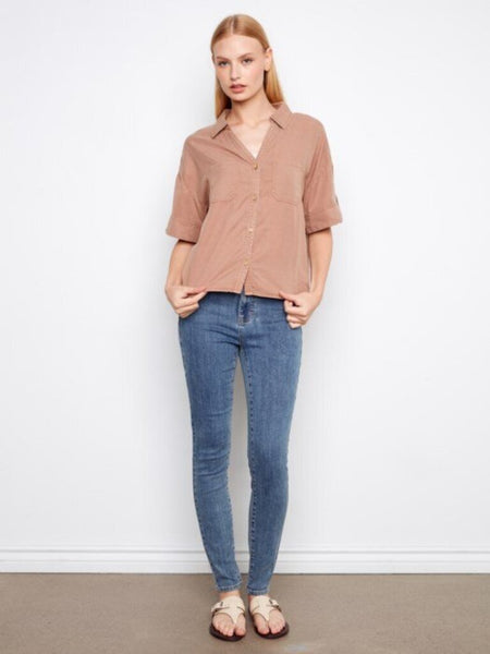 Charlie B Short Sleeve Button-Front Tencel Shirt - Desert