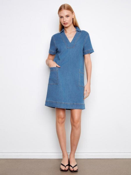 Charlie B Collared V-Neck Denim Mini Dress - Medium Blue