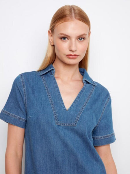 Charlie B Collared V-Neck Denim Mini Dress - Medium Blue