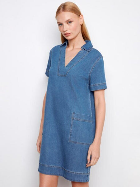 Charlie B Collared V-Neck Denim Mini Dress - Medium Blue