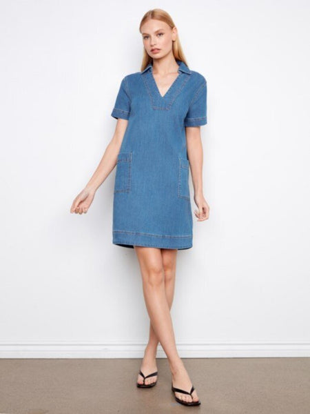 Charlie B Collared V-Neck Denim Mini Dress - Medium Blue