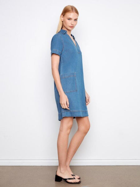 Charlie B Collared V-Neck Denim Mini Dress - Medium Blue
