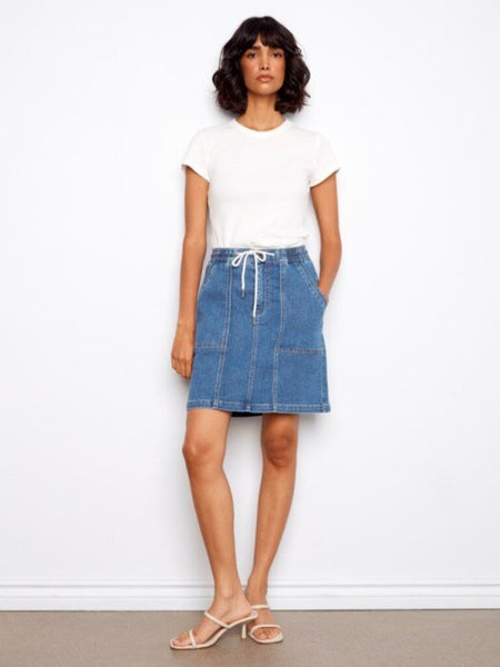 Charlie B Drawstring Denim Skort - Soft Blue