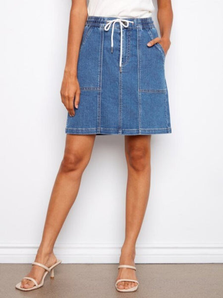 Charlie B Drawstring Denim Skort - Soft Blue