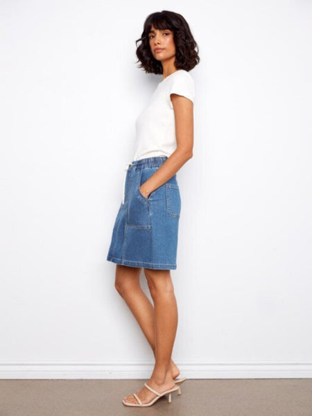 Charlie B Drawstring Denim Skort - Soft Blue