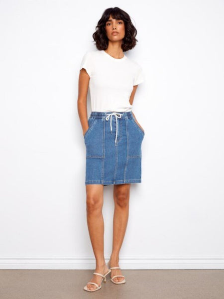 Charlie B Drawstring Denim Skort - Soft Blue