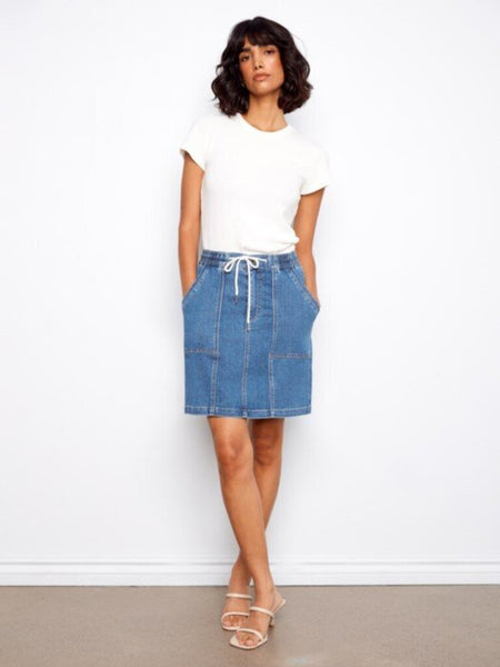Charlie B Drawstring Denim Skort - Soft Blue