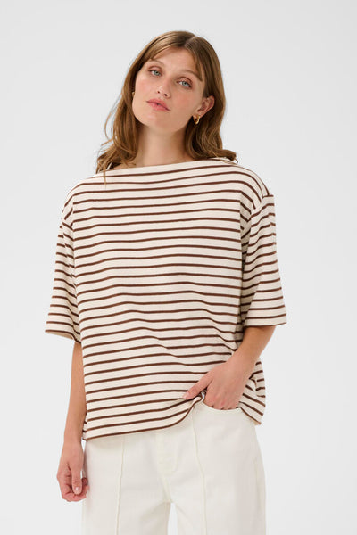 Soaked in Luxury 'Ingina' Knit Boxy Top - Cappuccino and White Stripe