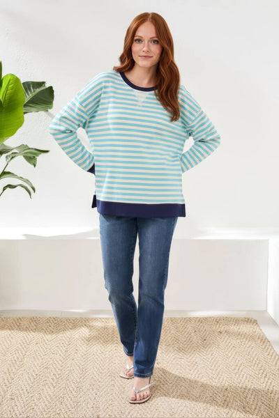 Tribal Striped French Terry Crew Neck - Aqua Sky
