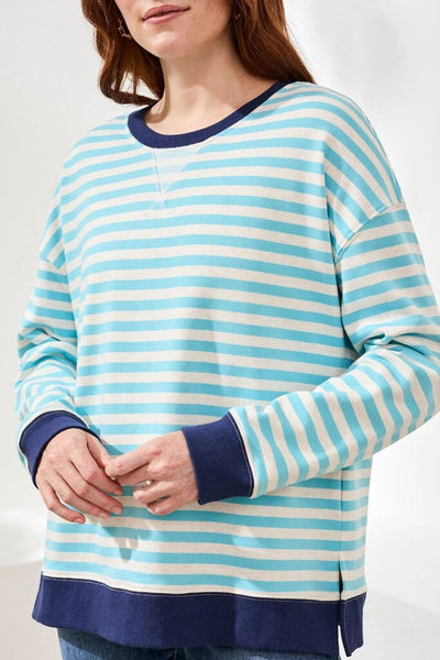 Tribal Striped French Terry Crew Neck - Aqua Sky