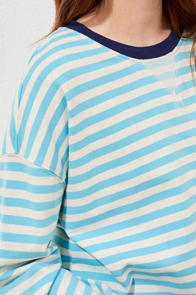 Tribal Striped French Terry Crew Neck - Aqua Sky