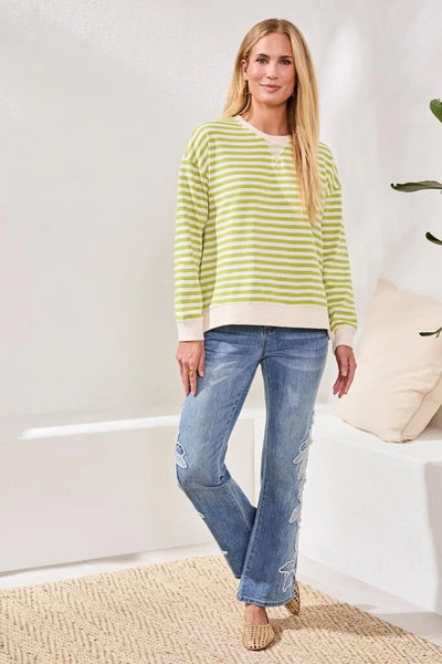 Tribal Striped French Terry Crew Neck - Mint Leaf