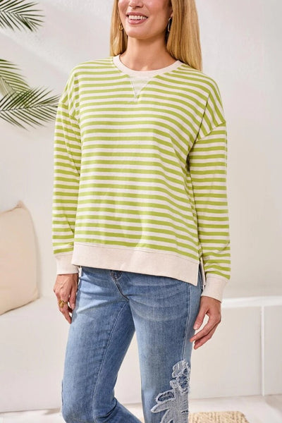 Tribal Striped French Terry Crew Neck - Mint Leaf