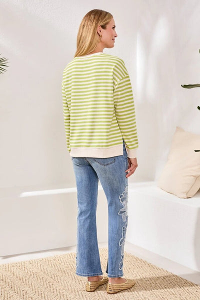 Tribal Striped French Terry Crew Neck - Mint Leaf