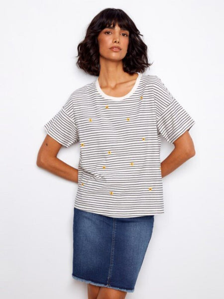 Charlie B Striped Embroidered Cotton Tee