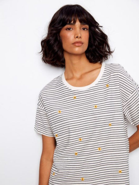 Charlie B Striped Embroidered Cotton Tee
