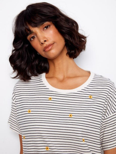 Charlie B Striped Embroidered Cotton Tee