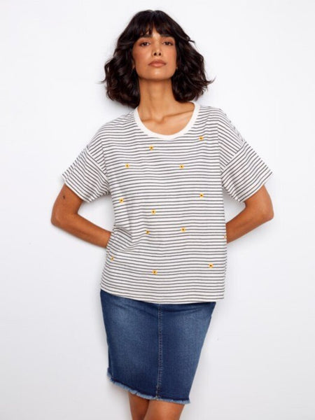 Charlie B Striped Embroidered Cotton Tee
