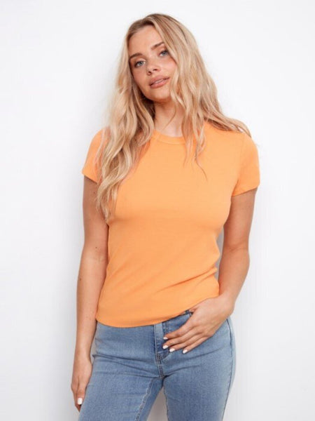 Charlie B Ribbed Short Sleeve Tencel T-Shirt - Apricot