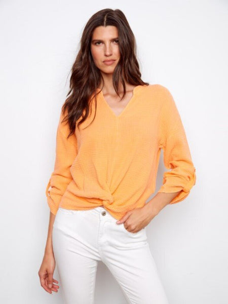 Charlie B Bubble Cotton Twist Front Blouse - Apricot