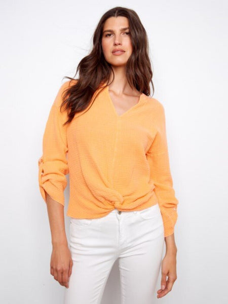 Charlie B Bubble Cotton Twist Front Blouse - Apricot