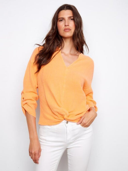 Charlie B Bubble Cotton Twist Front Blouse - Apricot