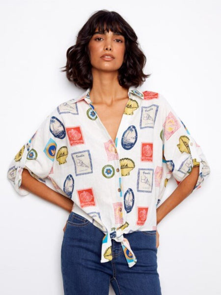 Charlie B Printed Linen Blend Front-Tie Blouse - Postcard