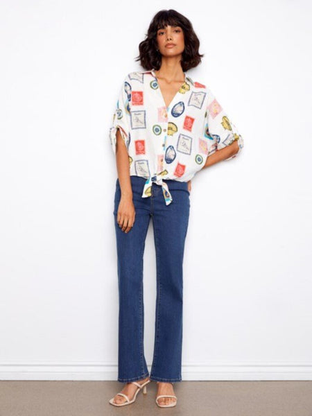 Charlie B Printed Linen Blend Front-Tie Blouse - Postcard