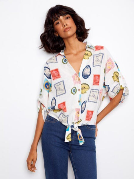 Charlie B Printed Linen Blend Front-Tie Blouse - Postcard