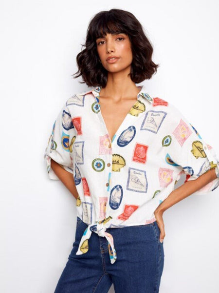 Charlie B Printed Linen Blend Front-Tie Blouse - Postcard