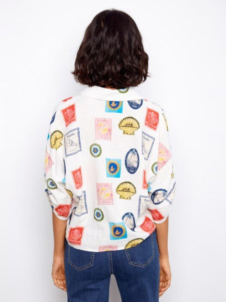 Charlie B Printed Linen Blend Front-Tie Blouse - Postcard