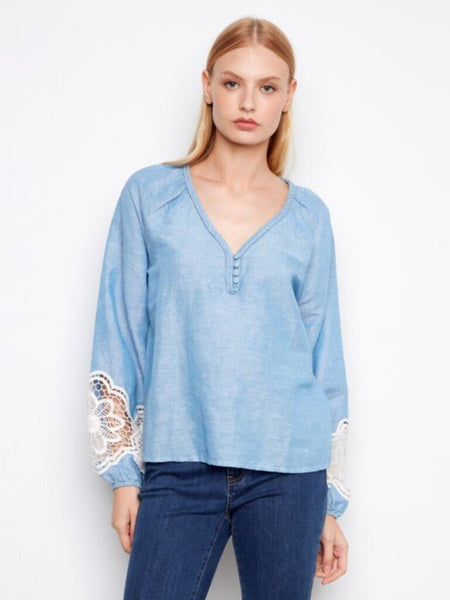 Charlie B Embroidered Chambray Blouse