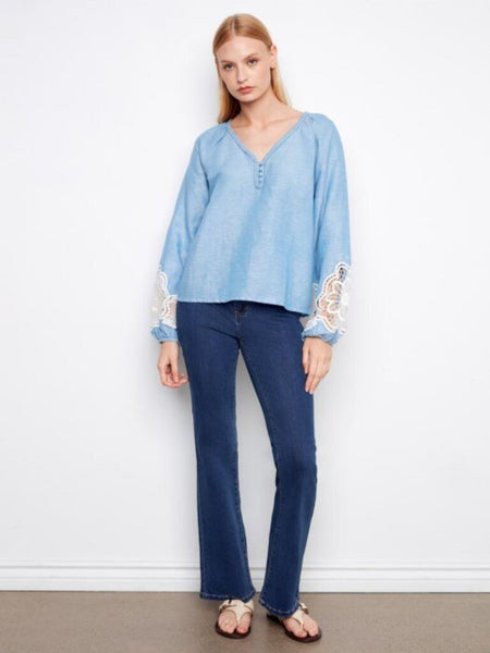 Charlie B Embroidered Chambray Blouse