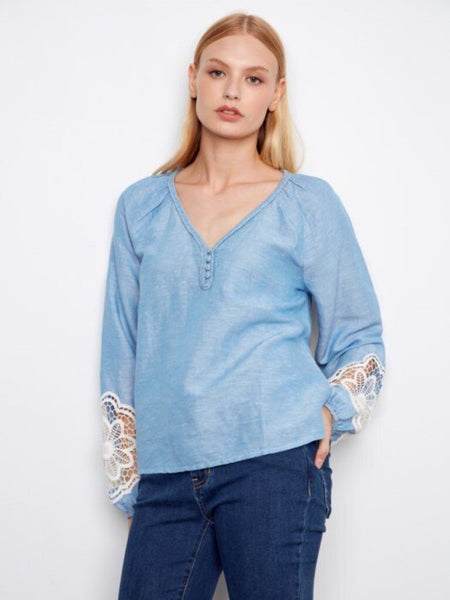Charlie B Embroidered Chambray Blouse