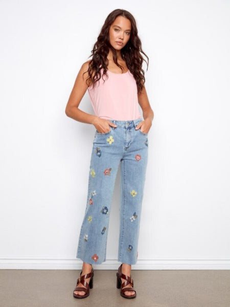 Charlie B Floral Embroidered Wide Leg Jeans