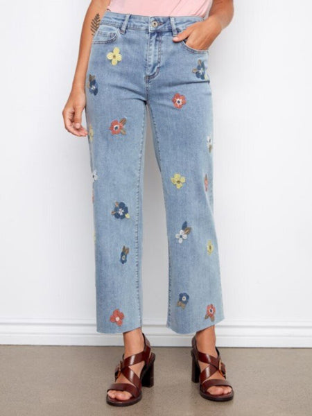 Charlie B Floral Embroidered Wide Leg Jeans