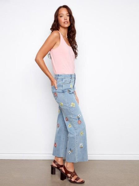 Charlie B Floral Embroidered Wide Leg Jeans