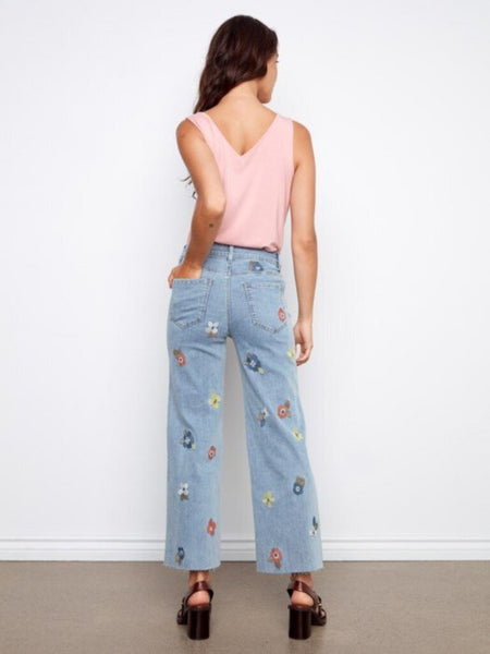 Charlie B Floral Embroidered Wide Leg Jeans