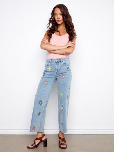 Charlie B Floral Embroidered Wide Leg Jeans