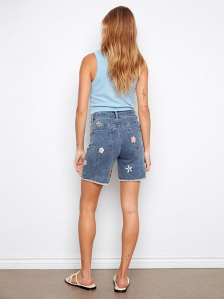 Charlie B Floral Embroidered Denim Shorts