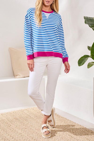 Tribal Cotton Crewneck Drop‑Shoulder Long Sleeve Top with Combo Trim