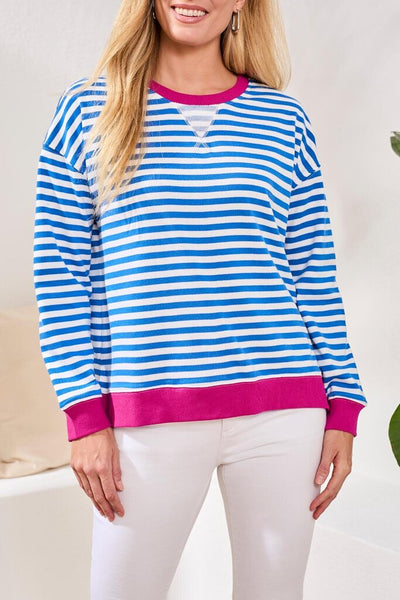 Tribal Cotton Crewneck Drop‑Shoulder Long Sleeve Top with Combo Trim