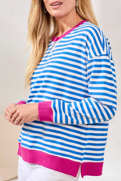 Tribal Cotton Crewneck Drop‑Shoulder Long Sleeve Top with Combo Trim