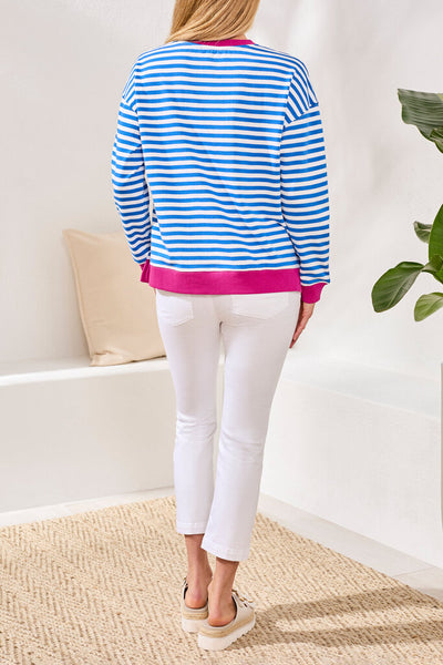Tribal Cotton Crewneck Drop‑Shoulder Long Sleeve Top with Combo Trim