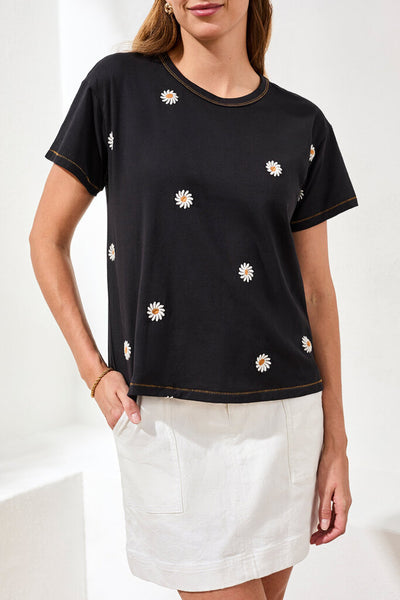Tribal Black Crewneck T-Shirt with Embroidered Flowers