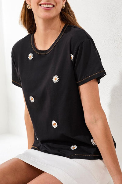 Tribal Black Crewneck T-Shirt with Embroidered Flowers
