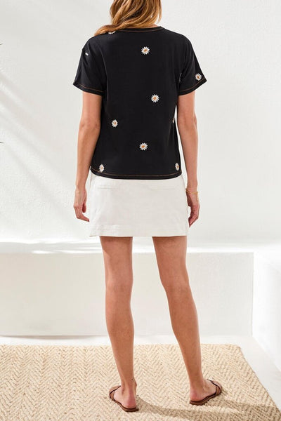 Tribal Black Crewneck T-Shirt with Embroidered Flowers
